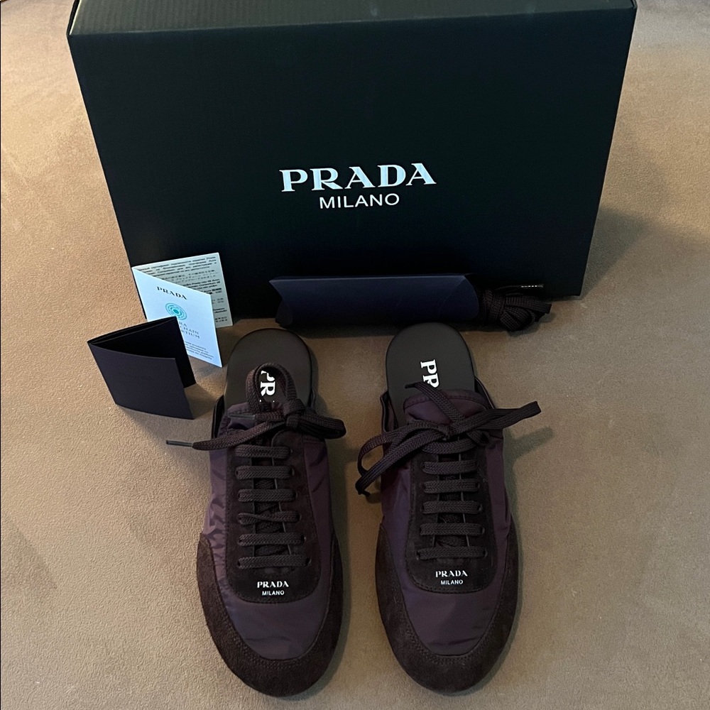 Prada Collapse Nylon and Suede Open-Back Brown/Cafe Sneakers - Picture 8 of 13